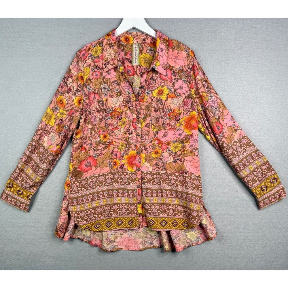 Aratta Silent Journey Button Up Top Women L Pink Floral Boho Beaded Feminine